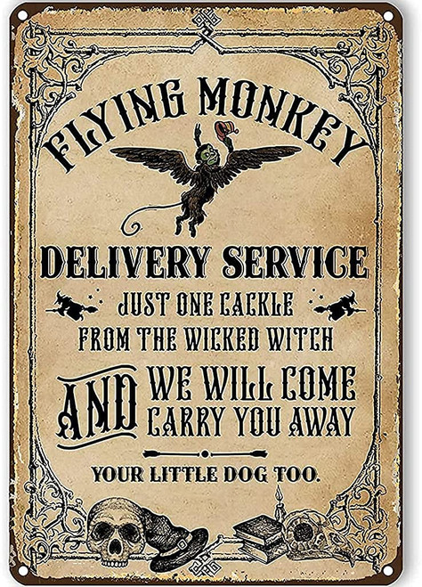Krouterebs Witch Wall Art A Flying Monkey Delivery Witch Decor Metal Tin Sign Kitchen Pub Novelty Coffee Bar Club Wall Poster 12x8 Inch Yard Garden Farm Man Cave