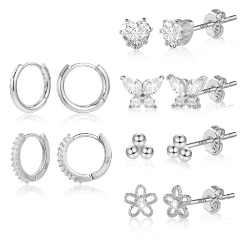 BOUTIQUELOVIN Small Stud Earring Sets for Multiple Piercing | 14K White Gold Plated Sterling Silver Stud and Huggie Hoop Earrings Set Hypoallergenic Butterfly Heart Stud Earrings 6 Pairs