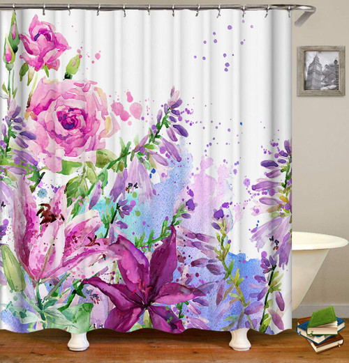 TJZ HOME Watercolor Floral Shower Curtains Fabric,Purple Pink Roses and Lilies Romantic Flower Decoration Design Polyester Cloth Print Bathroom Curtains Include Hooks Set 72?w by 72?L ?s2812?