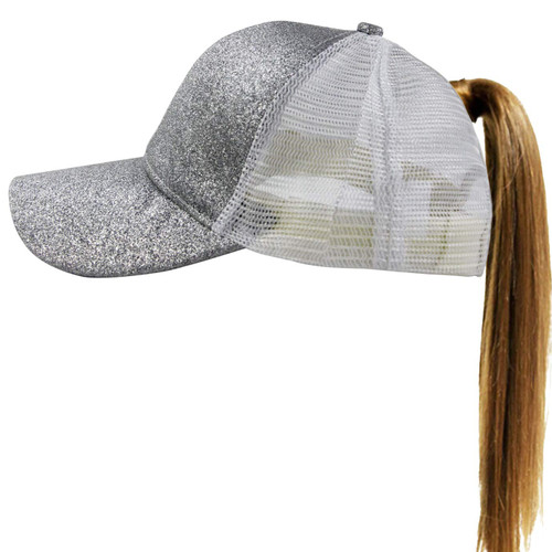 Muryobao Womens Ponytail Baseball Cap Messy High Bun Ponycap Adjustable Snapback Summer Sun Hat Glitter Plain Trucker Dad Hat Mesh Silver Gray