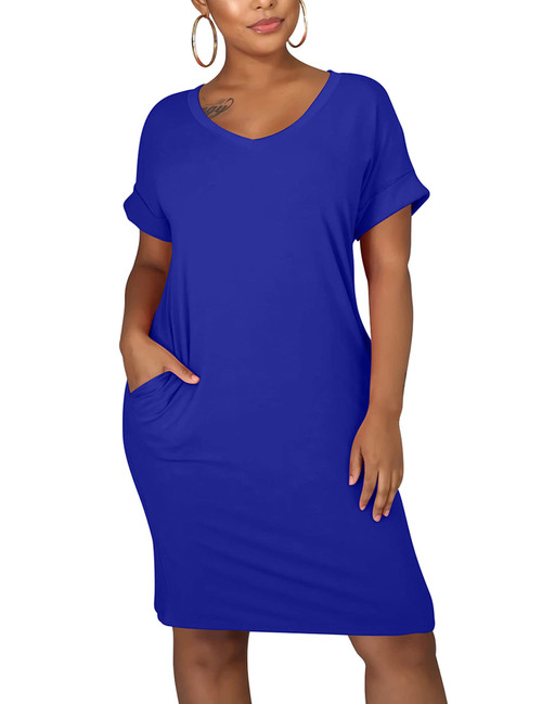 cailami Women's Plus Size V Neck Short Sleeve Midi Tshirt Dresses Casual Tunic Dress with Pockets, 3X-Large, Royal Blue