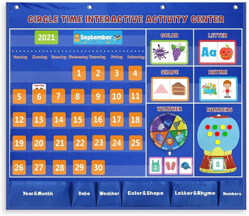 Circle Time Center Classroom Pocket Chart Educational Pocket Chart Calendar Learning Wording Rhyme Shape Color Weather Pocket Chart Set for Elementary and Pre-school