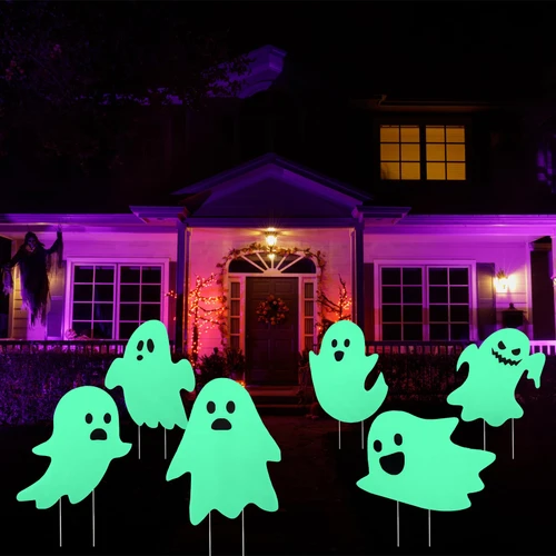 Halloween Decorations Outdoor Yard Signs Glow in The Dark Signs with Stakes Long Time Glow, The Halloween Scary Ghost Yard Signs for Spooky Halloween Yard Lawn Patio Garden Day of The Dead Decoration Supplies(6pcs)