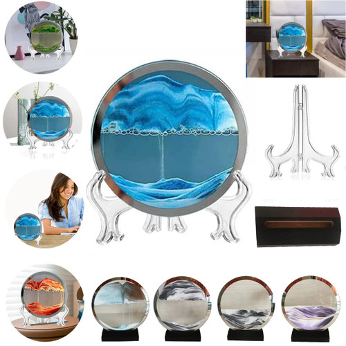 SwHZCGAMZ Moving sandscapes, Moving Sand Art Picture Round Glass 3D Deep Sea Sandscape in Motion Display Flowing Sand Frame Relaxing Desktop Home Office Work Decor (Brown Blue)