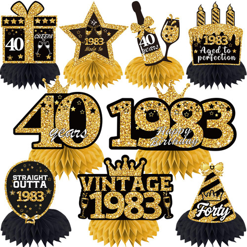 40th party decorations table decorations, 40 year old birthday party decorations for women, honeycomb centerpieces black and gold 40th birthday decorations 1983 40th birthday decor