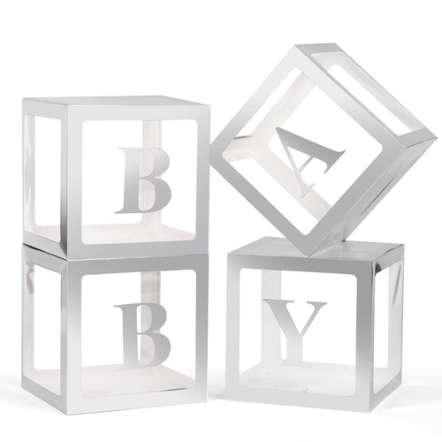 Voircoloria Baby Boxes with Letters for Baby Shower, 4 Transparent Balloon Boxes with Letters for Gender Reveal Birthday Wedding Baby Shower Decorations (Silver)