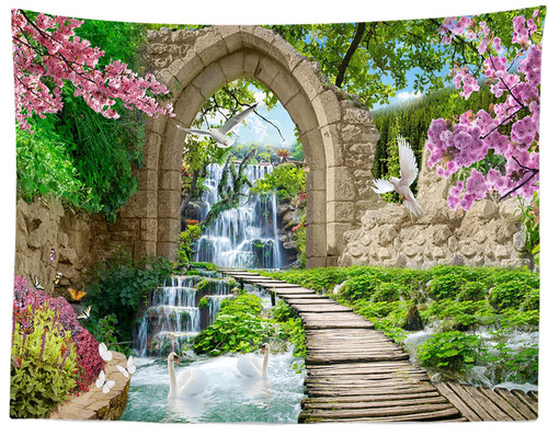 BELECO Spring Garden Tapestry Wall Hanging Cherry Blossoms Green Trees River Bridge Nature Tapestry 70x47 Inch Stone Arch Mountain Waterfall Landscape Tapestry for Bedroom Living Room Dorm Decor BELECO Spring Garden Tapestry Wall Hanging Cherry Blossoms Green Trees River Bridge Nature Tapestry 70x47 Inch Stone Arch Mountain Waterfall Landscape Tapestry for Bedroom Living Room Dorm Decor