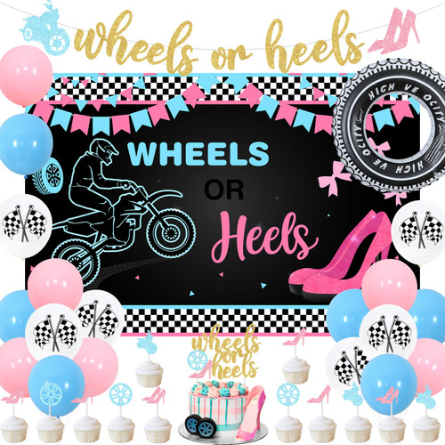 Wheels or Heels Gender Reveal Decorations, Wheels or Heels Gender Reveal Backdrop Balloons Banner Cake Toppers for Boy or Girl Pink and Blue Baby Shower Decorations Wheels or Heels Gender Reveal Decorations, Wheels or Heels Gender Reveal Backdrop Balloons Banner Cake Toppers for Boy or Girl Pink and Blue Baby Shower Decorations