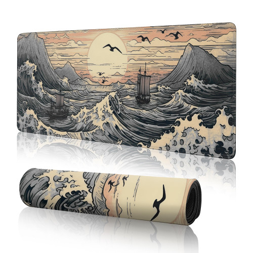 Japanese Sea Waves Large Gaming Mouse Pad,XL Mouse Pad Gaming Mouse Mat Desk Pad,31.5 x 11.8in Desk Mat Anime Mouse Pads for Desk,Extended Keyboard Pad Mousepad with Non-Slip Base and Stitched Edge