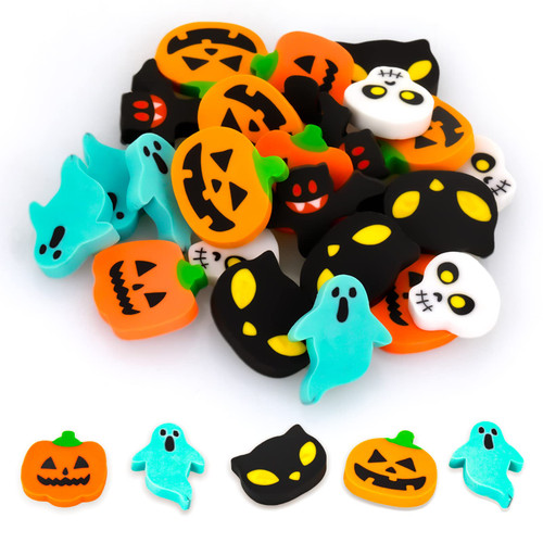 Cobee Halloween Mini Pencil Erasers, 24 Pieces Cute Mini Erasers for Kids Cartoon Pumpkin Ghost Skull Erasers for Trick or Treat Halloween Party Favors Homework Rewards Gift