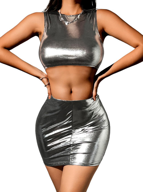 Kaei&Shi 2 Piece Mini Skirt Set,2000S Metallic Sparkly Shiny Crop Tank Top,Matching Sexy Low Rise Bodycon Skirt Nye Club Festival Rave Outfits Petite Silver Small