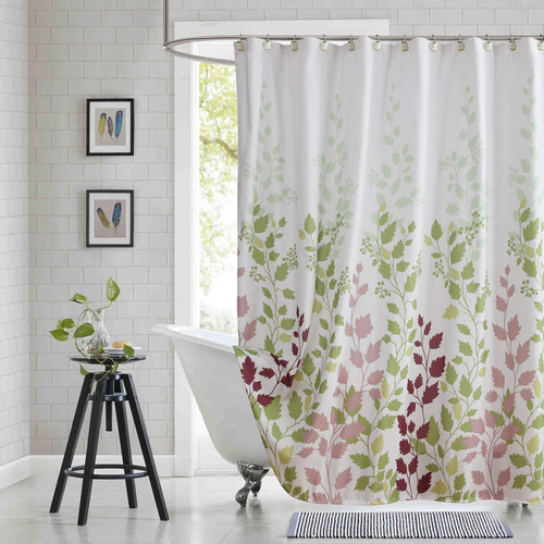 BESTRIPES Fabric Leaf Shower Curtain, Green and White Pink and Burgundy Plant Shower Curtains for Bathroom, Botanical Branch Leaves Shower Curtain, Waterproof Bathroom Curtains, 72" W x 72" H
