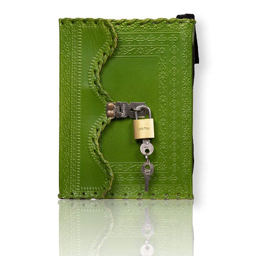 TABLEQUA Leather Journal - Retro Antique Vintage Handmade Bound Notepad | Unlined Travel Journal & Sketch Writing Journal for Personal Diary | Leather Bound Notebook Diary with Lock & Key for Travel, 200 Pages, 5x7 Inches, Green