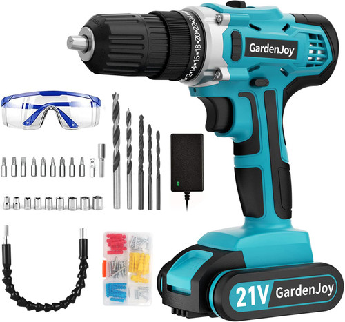 GardenJoy Cordless Power Drill Set - 21V Electric Drill Driver Kit with Battery Charger, 3/8" Keyless Chuck, 2 Variable Speed, 64pcs Acessories, 24+1 Torque Setting for DIY Project Home Improvement