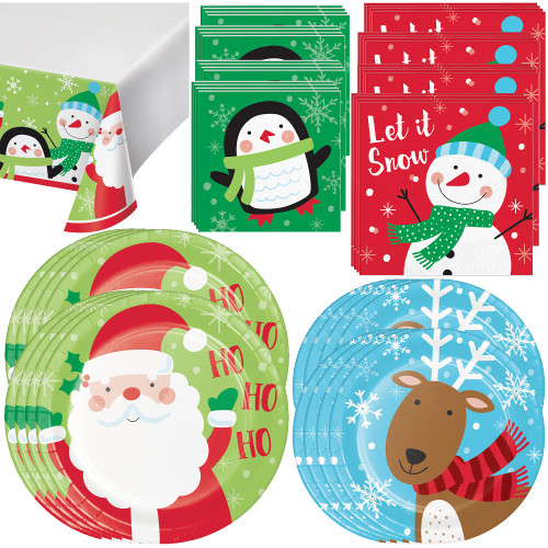 Creative Converting Welcome Winter Dinnerware Party Bundle | Dinner & Dessert Plates, Luncheon & Beverage Napkins, Table Cover | Christmas Dinner Holidays Snow Santa Disposable Set