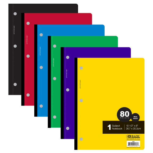 BAZIC Notebook Wide Ruled 1 Subject 80 Sheets Wireless Notebooks, 3 Punched Holes Lined Composition Book, Assorted Color, 6-Pack