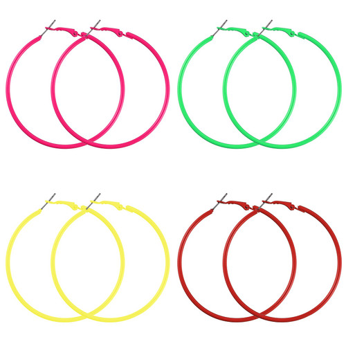 4 Pairs 80s Classic Big Earrings, 4 Color 90s Retro Neon Hoop Party Dangle Earrings Accessories for Women Colorful Big Hoop Earrings Retro 80s Accessories Neon Earrings(6cm, Green Yellow Red Rose)