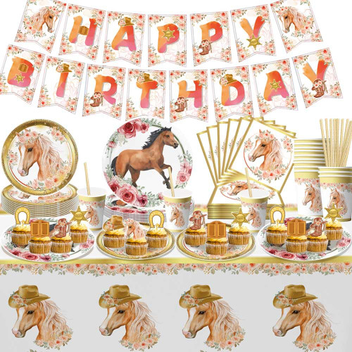 Horse Birthday Decorations Party Supplies Tableware Serves 20 - Dinner Dessert Plates Napkins Cups, Cutlery, Straws, Tablecloth, Banner and Cupcake Toppers Horse Party Decorations for Girls Kids