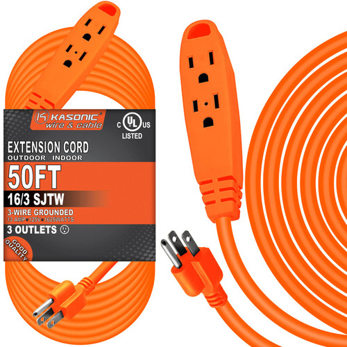 50-Feet 3 Outlet Extension Cord, Kasonic UL Listed, 16/3 SJTW 3-Wire Grounded, 13 Amp 125 V 1625 Watts, Multi-Outlet Indoor/Outdoor Use, Orange