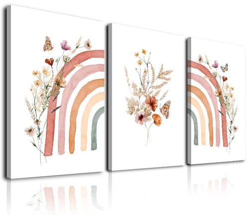 Boho Rainbow Wall Art Prints Set of 3, Cute Wildflowers Rainbow Boho Nursery Wall Decor for Girls, Framed Canvas Wall Art Posters for Kids Room, Baby Room, Classroom, Bedroom Decor (12"x16", Colorful)