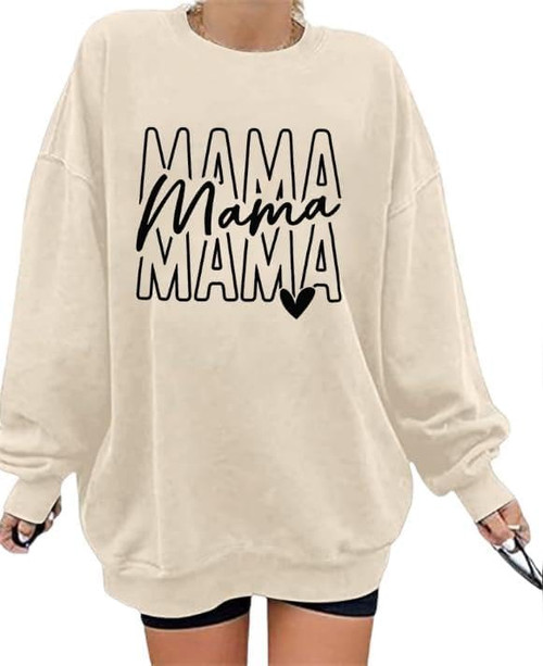 ALLTB Mama Shirts for Women Oversized Mama Letter Print Sweatshirt Pullover Casual Long Sleeve Tops Loose Fit Fall Apricot