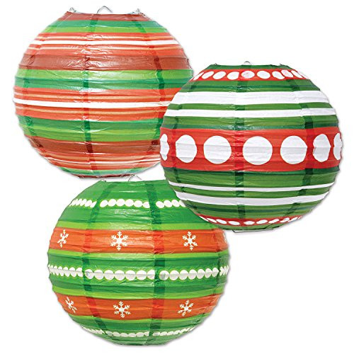 Beistle Ornament Paper Lanterns, 9 1/2-Inch, Red/Green/White