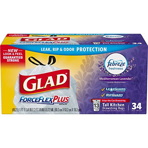 Glad ForceFlex OdorShield Tall Kitchen Drawstring Trash Bags - Febreze Mediterranean Lavender - 13 Gallon - 34 Count (Packaging May Vary)