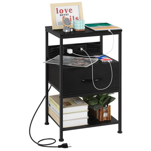 Vrisa Nightstand with Charging Station Black End Table with Fabric Storage Drawer Narrow Bed Side Table with USB Ports and Outlets Industrial Nightstand for Bedroom Living Room Small Space