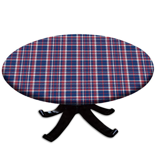 Buffalo Plaid Round Fitted Polyester Tablecloths, Blue White Red Plaid Elastic Edge Home Decor Tablecloths, Stain & Wrinkle Resistant Table Clothes for Family Festival Party Use, Fit for 36" Table