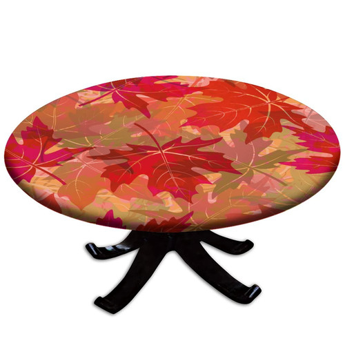 Autumn Round Fitted Polyester Tablecloth, Red Maple Leaves Elastic Edge Decorative Tablecloths, Dust & Wrinkle Proof Fabric Table Cover, for Family Holiday Party Tablecloths, Fit for 28" Round Table