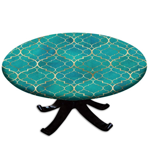 Boho Fitted Polyester Tablecloths Round, Gold Side Green Marble Elastic Edge Home Decor Tablecloths, Stain & Wrinkle Resistant Table Cover, For Living Room Patio BBQ Table Cloth, Fit for 36" Table