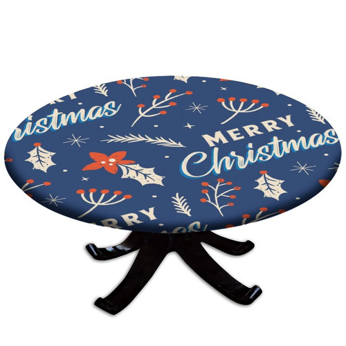 Christmas Round Fitted Tablecloth, Merry Christmas Elastic Edge Polyester Home Decor Table Cover, Fits 36" Round Table, Stain & Wrinkle Resistant Table Cover For Kitchen Living Room Use Table Cloth
