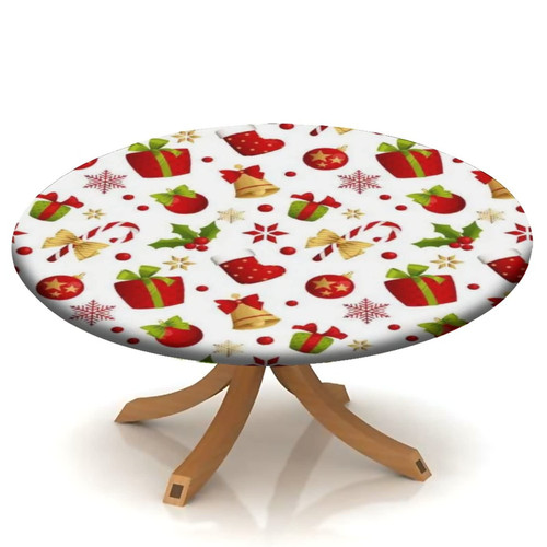 Atury Christmas Round Fitted Tablecloths, Elastic Edge Polyester Decorative Table Cover, Fits 48" Round Table, Stain Resistant Washable Table Clothes for Festival Party Decor Use