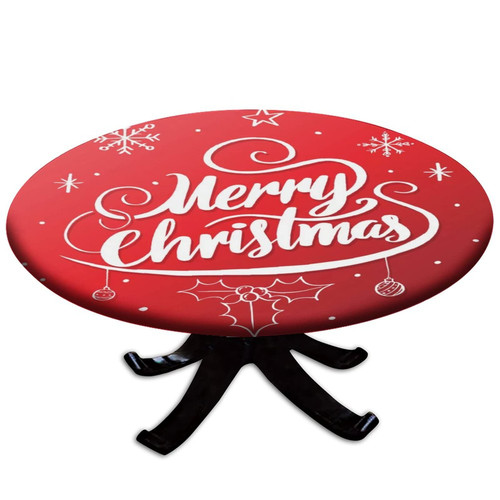 Christmas Fitted Tablecloth Round, Merry Christmas Red Elastic Edge Polyester Decorative Table Clothes, Fits 52" Round Table, Stain Resistant Washable Table Cover For Festival Party Decorative Use