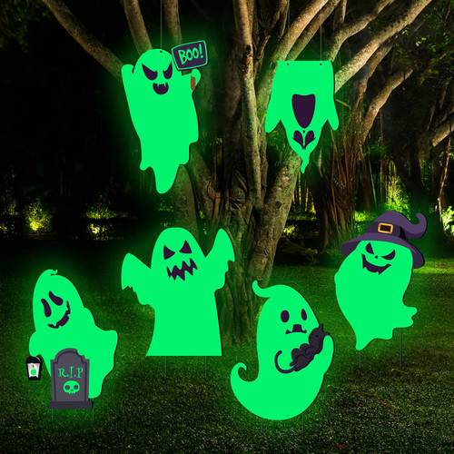 Halloween Decorations Outdoor Yard Signs - 6pcs Halloween Scary Ghost Yard Signs with Stakes, Glow In the Dark Halloween Decorations for Yard Garden Lawn Tree Front Door Decor
