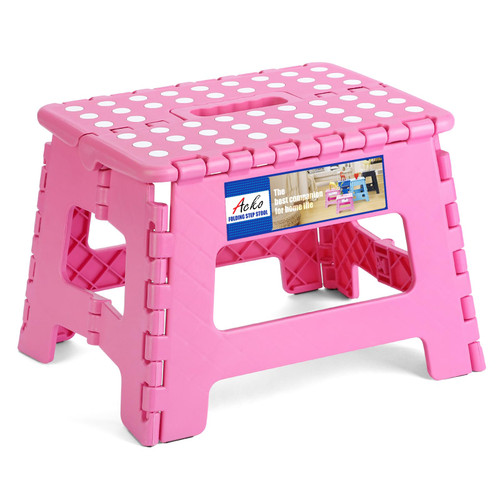 ACKO Folding Step Stool 9 Inch Step Stool 300 lb Capacity Plastic Foldable Step Stools for Kids and Adults, Folding Stool Suitable for Kitchen, Stepping Stool with Handle Pink Small Step Stool 1PC