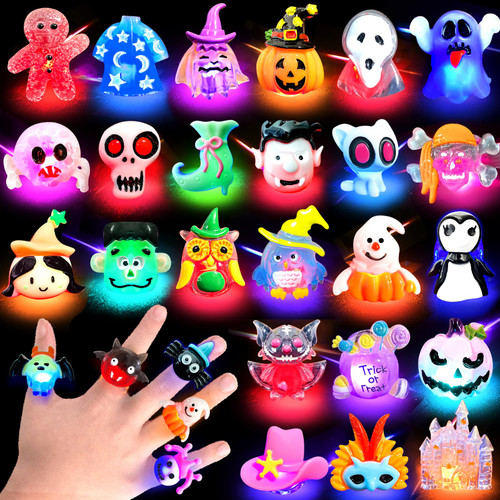 28Pcs Halloween Party Favors for Kids, 3D LED Light Up Rings Halloween Toys for Trick Or Treat, Flash Finger Rings Glow in the Dark Party Supplies, Halloween Goodie Bag Fillers for Treats Non Candy