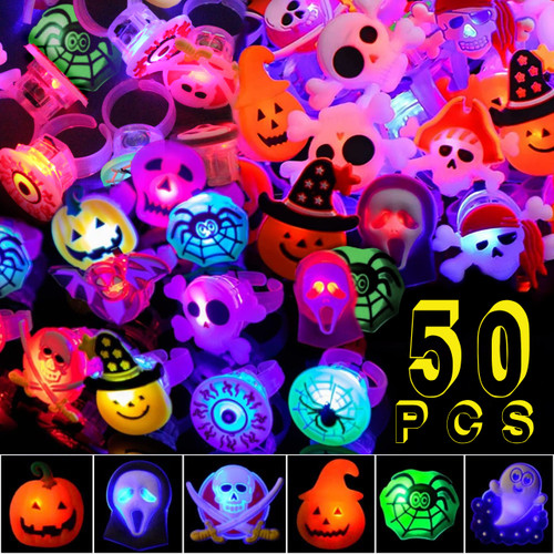 50Pcs Halloween Party Favors for Kids, LED Light Up Rings Halloween Toys for Trick Or Treat, Flash Finger Rings Glow in the Dark Party Supplies, Halloween Goodie Bag Fillers for Treats Non Candy