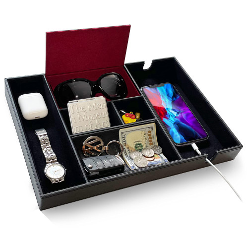 SUKKMORI Nightstand Organizer Valet Tray - PU Leather Desktop Organizer for Men and Women, Catchall Tray with 6 Compartments, Jewelry Organizer for Keys, Wallet, Phone, Watch, EDC tray