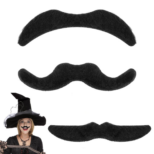 Sibba Self Adhesive Fake Mustache, 3Pcs Fake Mustaches Set, Novelty Mustaches for Costume, Halloween, Festival, Masquerade Party Black