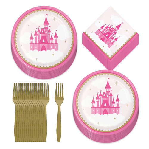 Pink Princess Party Supplies - Little Princess Castle Paper Dessert Plates, Beverage Napkins, and Forks (Serves 16) Pink Princess Party Supplies - Little Princess Castle Paper Dessert Plates, Beverage Napkins, and Forks (Serves 16)