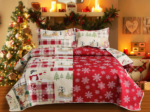 Christmas Bedding Set Twin Size Christmas Quilt Bedspread Holiday Xmas Bedding Buffalo Plaid Patchwork Rustic Quilt Lodge Cabin Bedding Lightweight Reversible Coverlet Christmas Home Decor Quilt