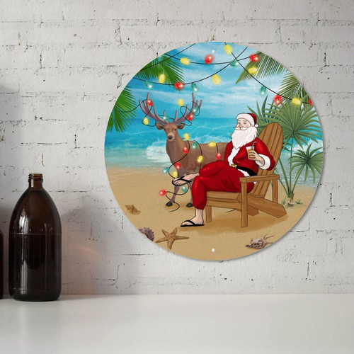 Round Metal Tin Sign Vintage Wall Decor Plaque Santa Claus at The Beach, 9x9 Inch for Home Garden Kitchen Bar Cafe Restaurant Garage Palm Tree Gifts Sign