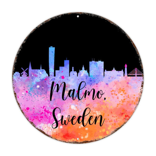 Higoss Sweden-Malmo Vintage Round Metal Tin Sign Nostalgic Cityscape Funny Metal Sign Home Decor for Culb Bar Garden Kitchen Garage 12x12 Inch