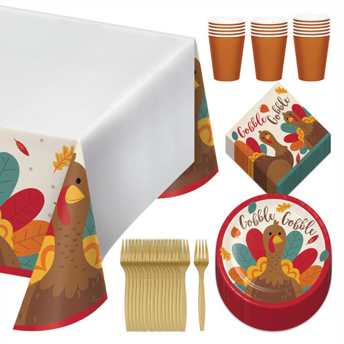 Turkey Tom Thanksgiving Party Paper Dessert Plates, Napkins, Cups, Forks, and Paper Table Cover Set (Serves 16) Turkey Tom Thanksgiving Party Paper Dessert Plates, Napkins, Cups, Forks, and Paper Table Cover Set (Serves 16)