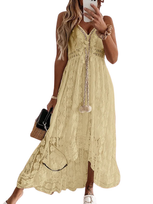 CUPSHE Women's Summer Slip Boho Maxi Dress Lace Up Tassel V-Neck Flare Ruffle Beach Dresses Yellow,L