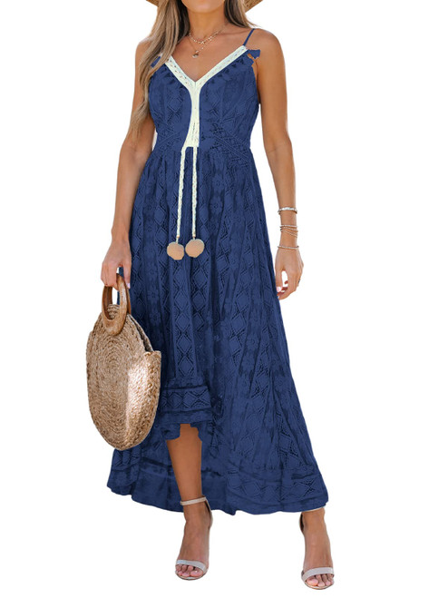 CUPSHE Women's Summer Slip Boho Maxi Dress Lace Up Tassel V-Neck Flare Ruffle Beach Dresses Royal Blue,L