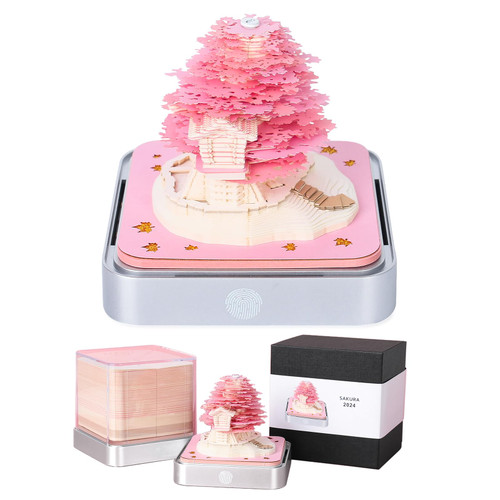 Time Piece Calendar,Desk Calendar With Lights, 2024 DIY Calendar 3D Memo Pad Paper Art Sakura Tree,School Year Calendar for Teacher,Monthly Calendar Gift Desktop Decoration (Pink)