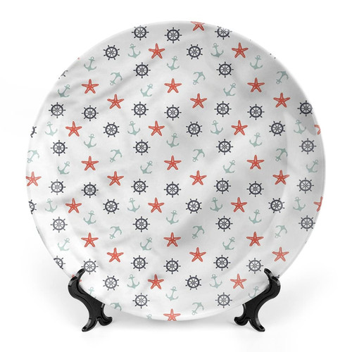 XISUNYA 10 Inch Decorative Plate, Nautical Tableware Plate, Helm Starfish and Anchor Print Ceramic Display Plate for Decorative Ornaments Giving Plates, 1 Plate with 1 Display Stand, Muticolor