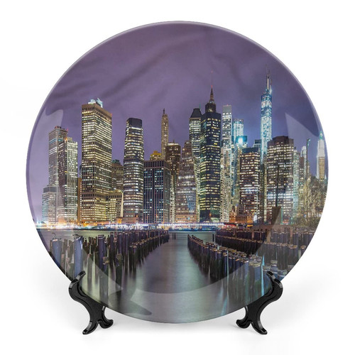 XISUNYA 10 Inch Decorative Plate, New York City Ceramic Stoneware, Manhattan Skyline Print Ceramic Display Plate for Decorative Ornaments Giving Plates, 1 Plate with 1 Display Stand, Muticolor